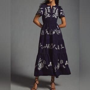 Anthropologie Navy and White Embroidered Maxi Dress